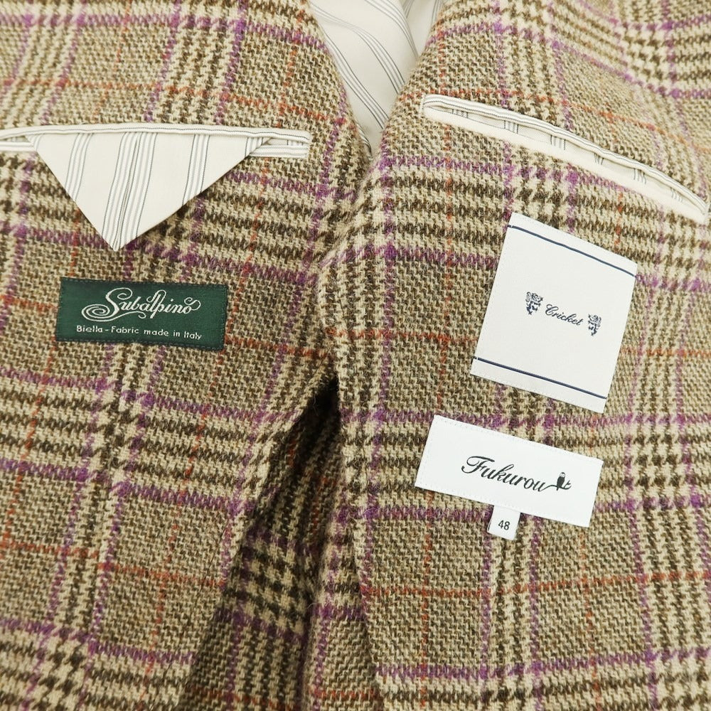 【中古】クリケット CRICKET × Fukurou ウール チェック 3B テーラードジャケット ベージュxブラウン×パープル【 サイズ48 】【 状態ランクB 】【 メンズ 】 [APD]