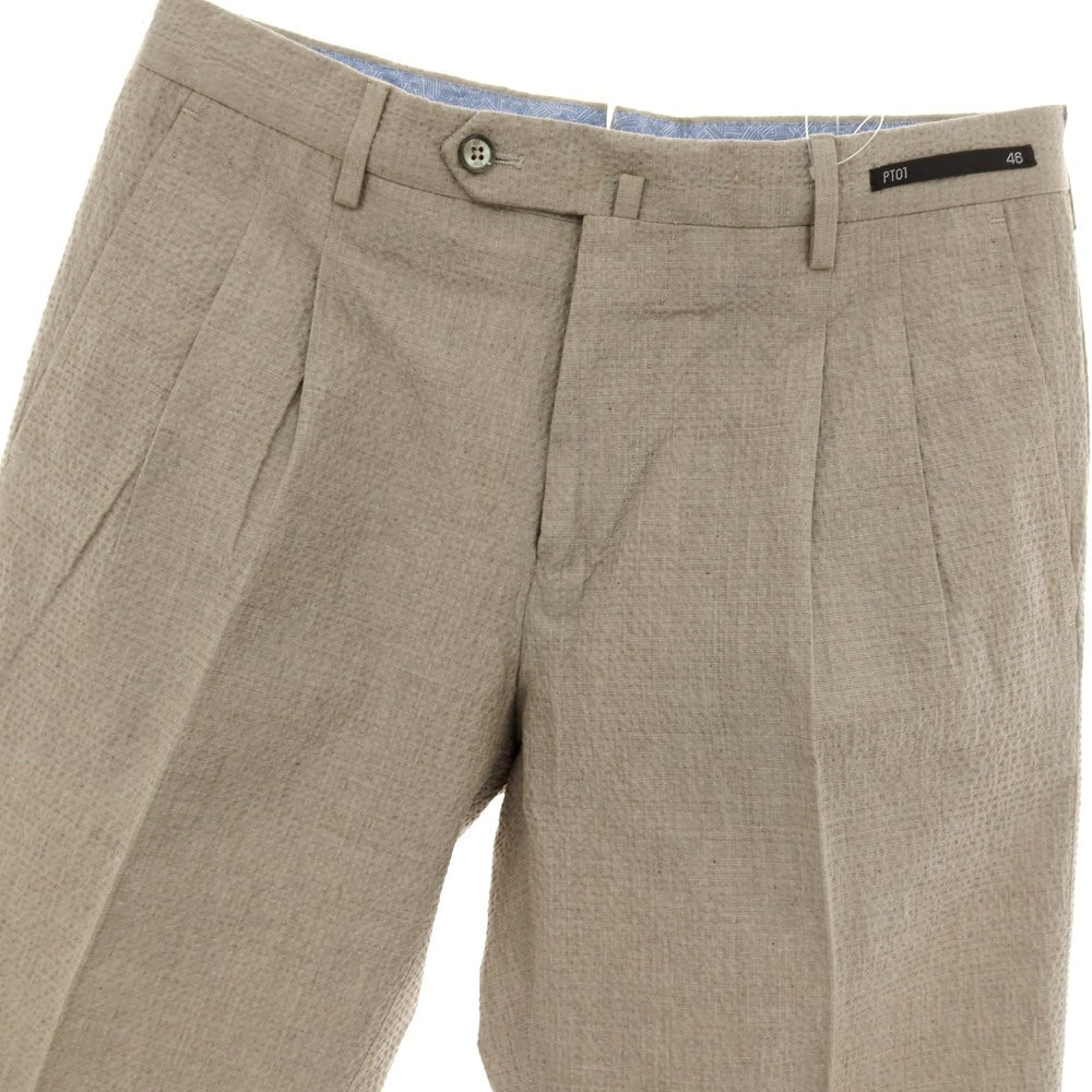 【中古】ピーティーゼロウーノ PT01 ストレッチ コットン サッカー カジュアルスラックスパンツ グレーベージュ【サイズ46】【 状態ランクC 】【 メンズ 】