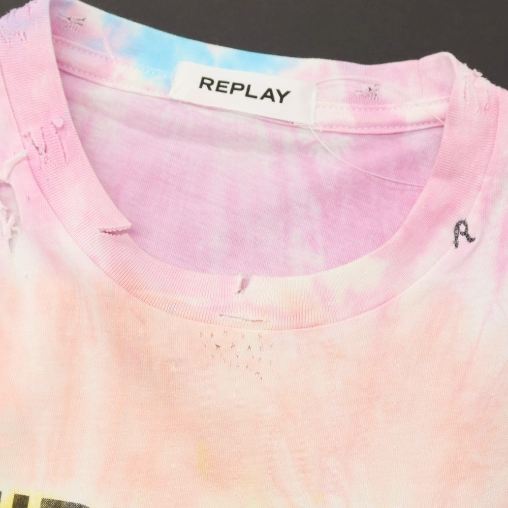 【中古】【未使用】リプレイ REPLAY ダメージ加工 コットン タイダイ クルーネック 半袖Ｔシャツ ピンクxブルー【サイズXS】【 状態ランクS 】【 メンズ 】[DPD]