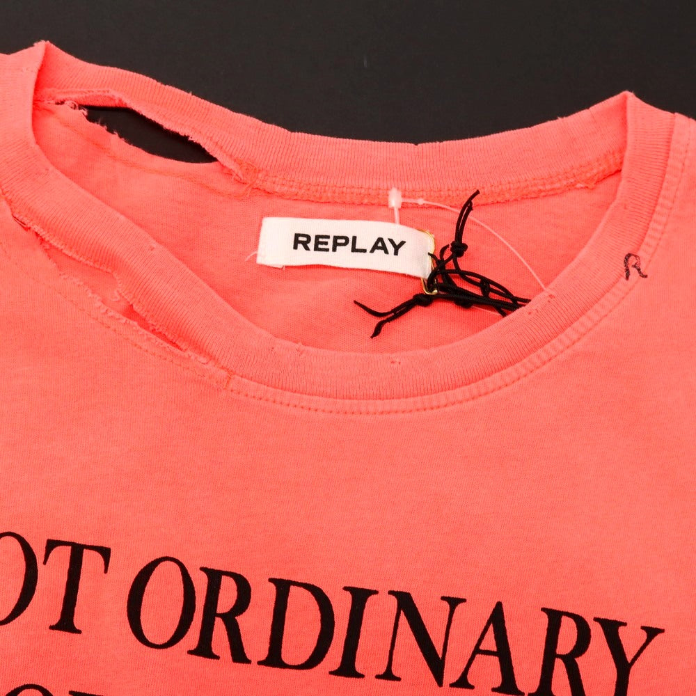 【中古】【未使用】リプレイ REPLAY ダメージ加工 コットン クルーネック 半袖Ｔシャツ 蛍光コーラル系【サイズXS】【 状態ランクS 】【 メンズ 】
