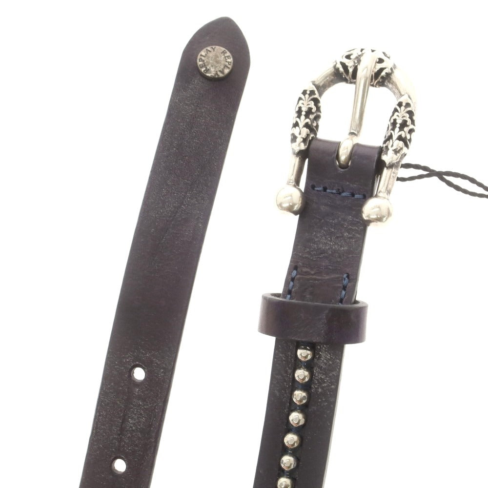 【中古】【未使用】リプレイ REPLAY カウレザー スタッズ ベルト ネイビーxシルバー【 80（紙タグ表記） 】【 状態ランクS 】【 メンズ 】