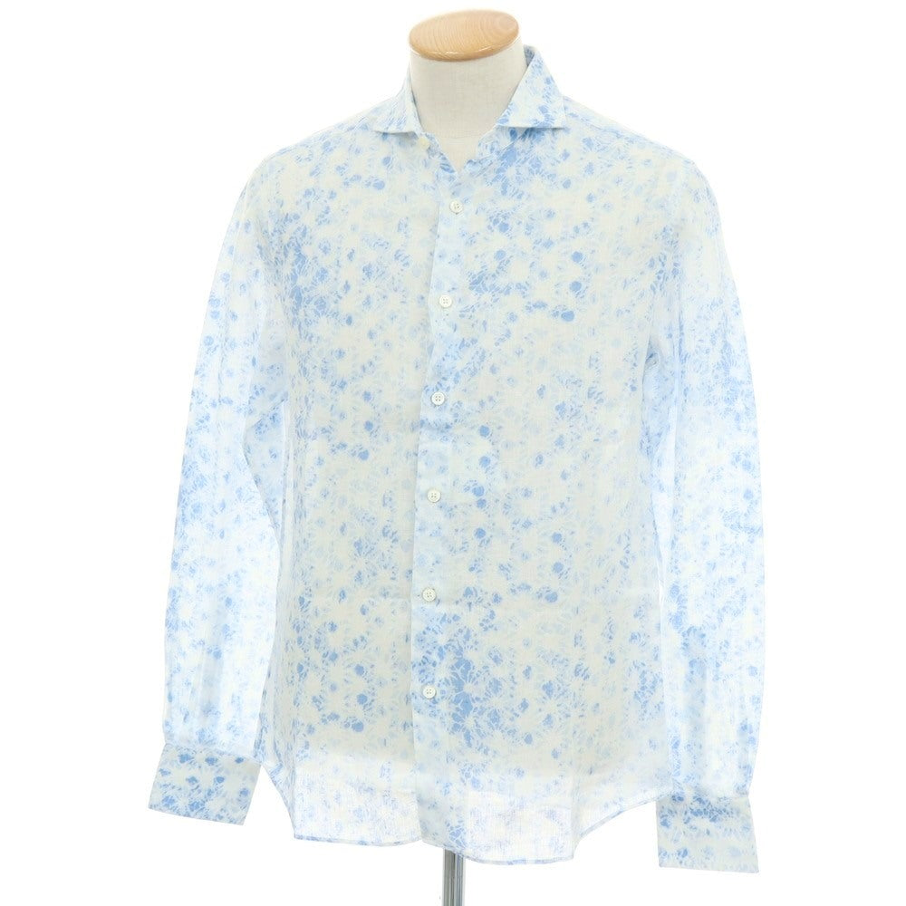 【中古】バグッタ Bagutta リネン系 花柄 ホリゾンタルカラー カジュアルシャツ ホワイトxブルー【サイズS】【 状態ランクB 】【 メンズ 】