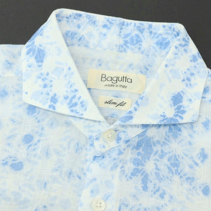 【中古】バグッタ Bagutta リネン系 花柄 ホリゾンタルカラー カジュアルシャツ ホワイトxブルー【サイズS】【 状態ランクB 】【 メンズ 】