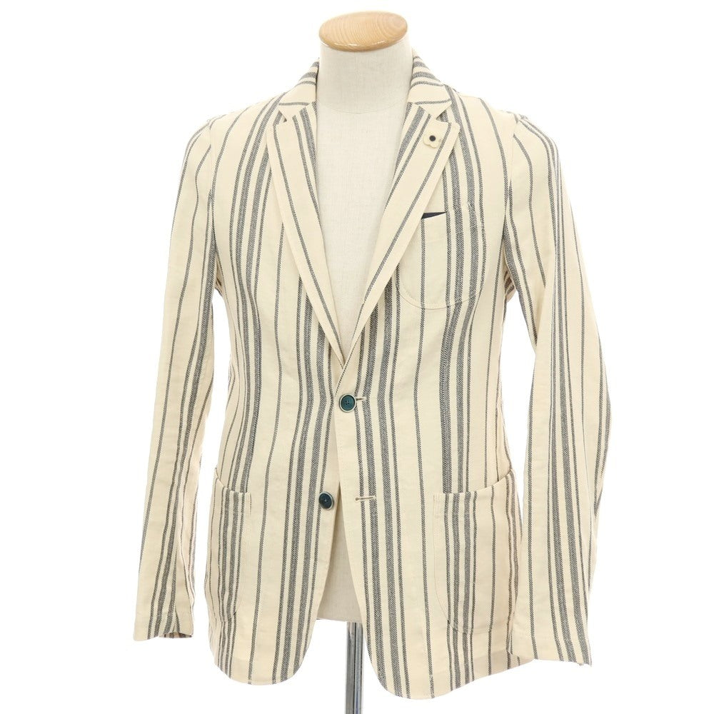 【中古】ラルディーニ LARDINI コットンリネン ストライプ 3B カジュアルジャケット アイボリーxネイビー【サイズ44】【 状態ランクB 】【 メンズ 】
