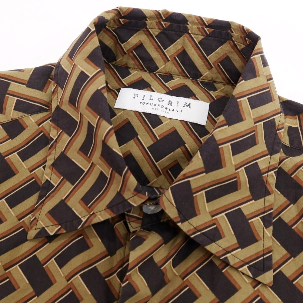 【中古】トゥモローランド TOMORROWLAND PILGRIM コットン レギュラーカラー カジュアルシャツ カーキオリーブ系xブラウン【 S 】【 状態ランクB 】【 メンズ 】
