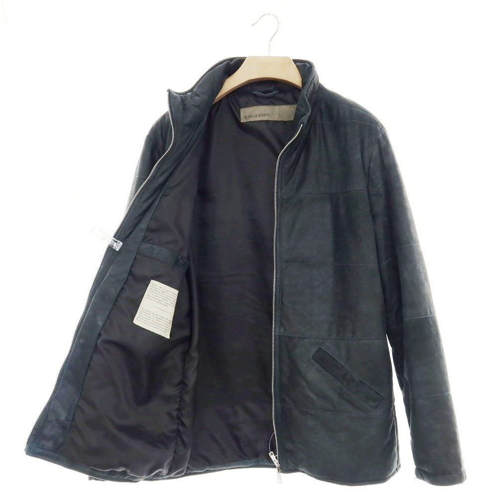 【中古】ジョルジオブラット GIORGIO BRATO ユーズド加工 中綿入り スタンドカラー ダブルジップ レザーブルゾン ブラックグリーン【 48 】【 状態ランクC 】【 メンズ 】