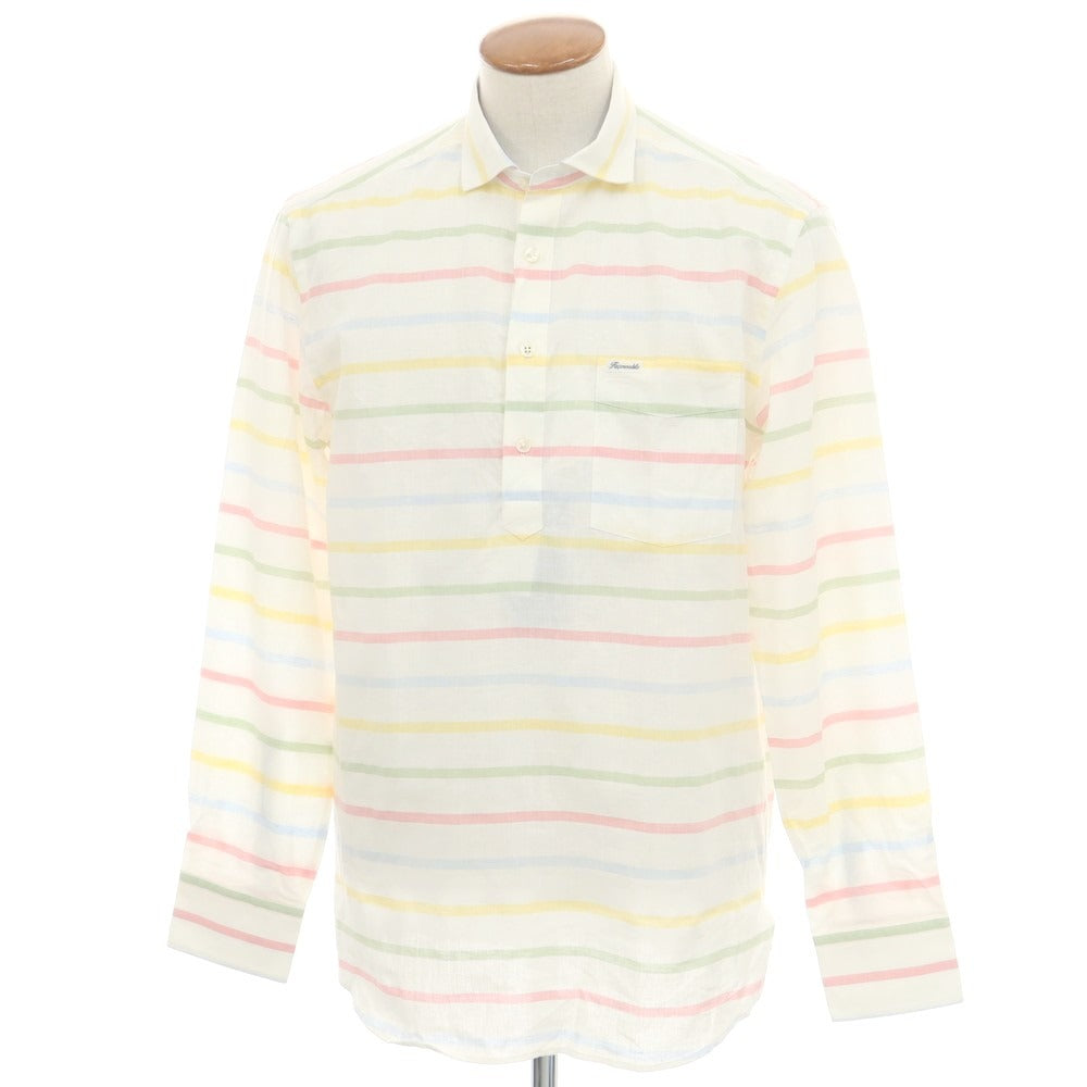 【中古】ファッソナブル Faconnable CLUB コットンリネン ボーダー プルオーバー カジュアルシャツ ホワイトxマルチカラー【 M 】【 状態ランクA 】【 メンズ 】