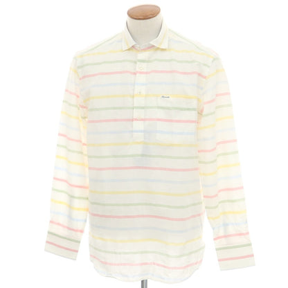 【中古】ファッソナブル Faconnable CLUB コットンリネン ボーダー プルオーバー カジュアルシャツ ホワイトxマルチカラー【 M 】【 状態ランクA 】【 メンズ 】