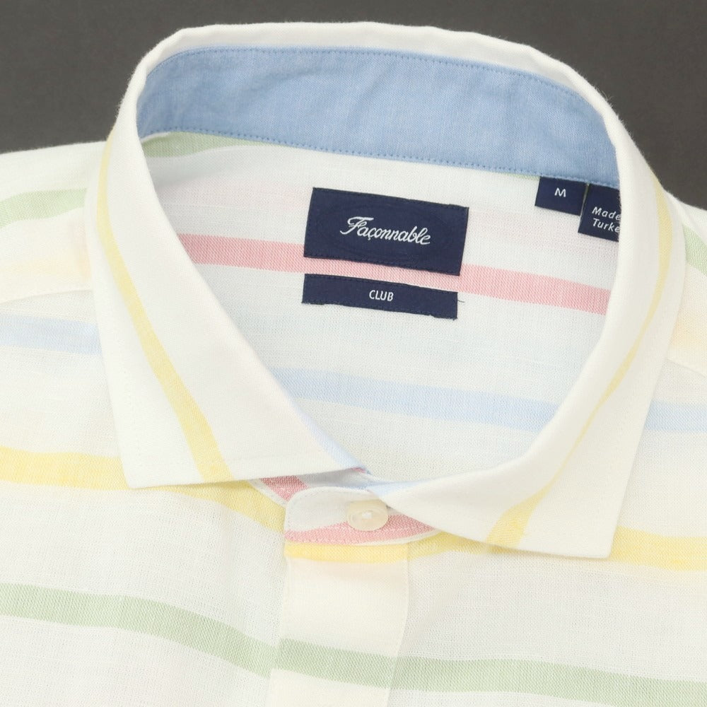 【中古】ファッソナブル Faconnable CLUB コットンリネン ボーダー プルオーバー カジュアルシャツ ホワイトxマルチカラー【 M 】【 状態ランクA 】【 メンズ 】
