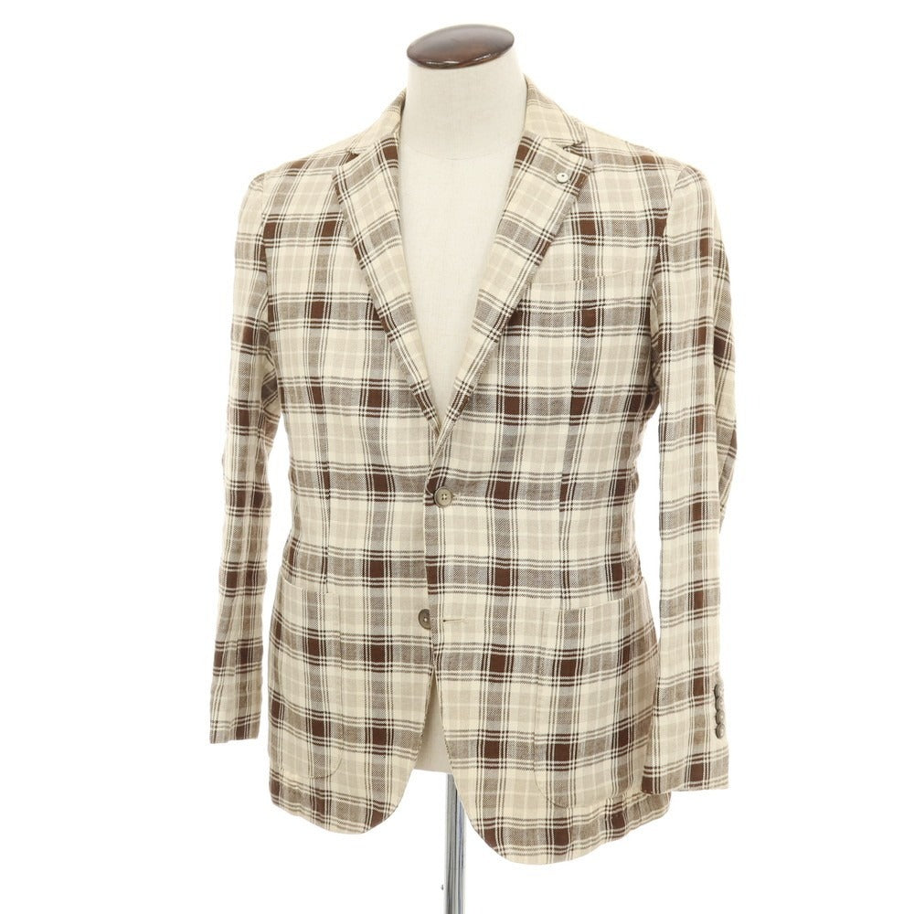 【中古】エルビーエム1911 L.B.M.1911 リネンコットン チェック テーラードジャケット アイボリーxブラウン【サイズ50】【 状態ランクD 】【 メンズ 】