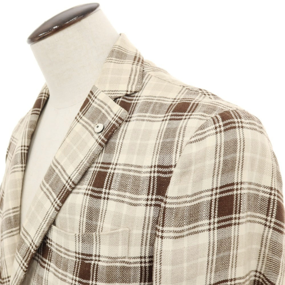 【中古】エルビーエム1911 L.B.M.1911 リネンコットン チェック テーラードジャケット アイボリーxブラウン【サイズ50】【 状態ランクD 】【 メンズ 】