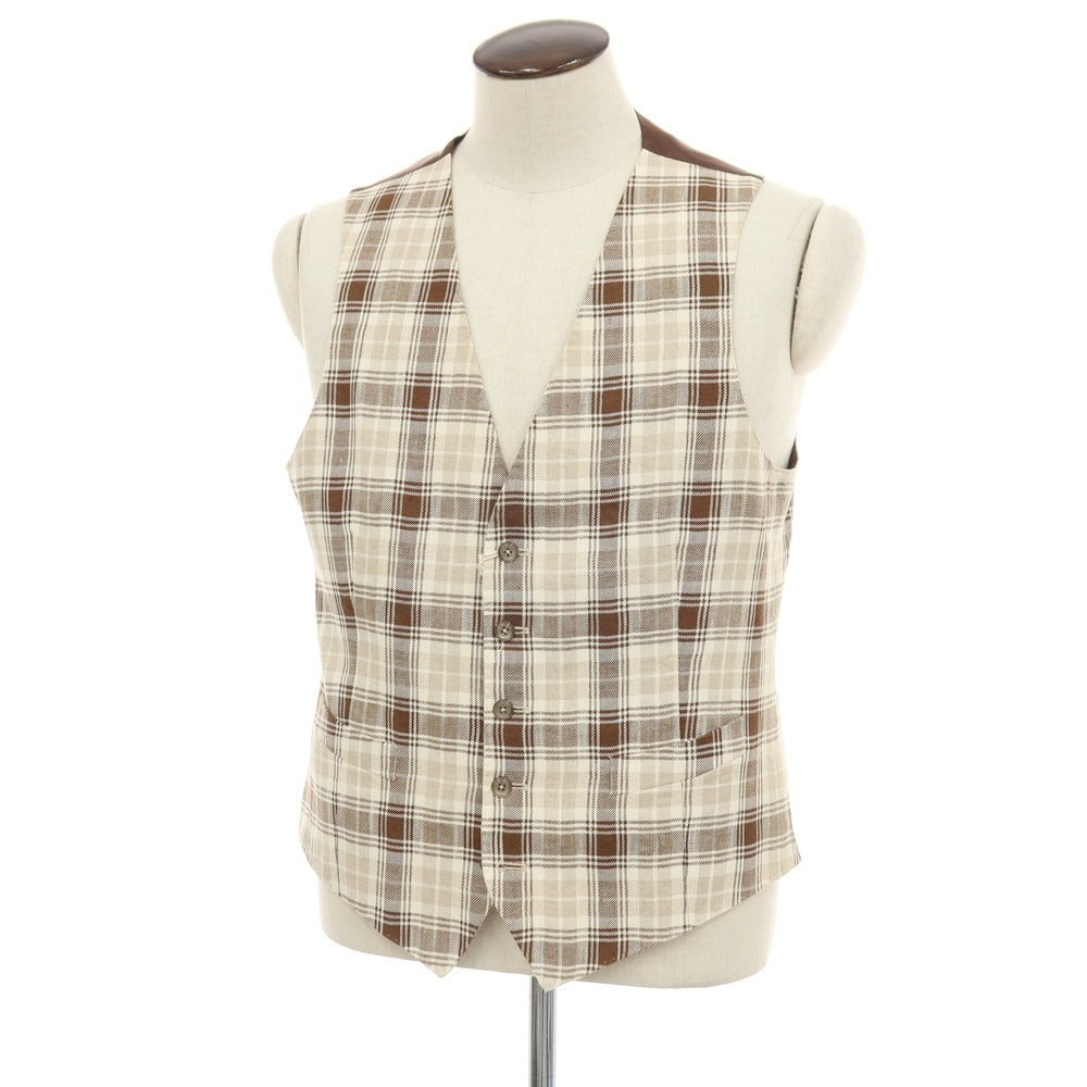 【中古】エルビーエム1911 L.B.M.1911 リネンコットン チェック カジュアル系ジレ ベスト ブラウンxベージュ【サイズ52 R】【 状態ランクB 】【 メンズ 】