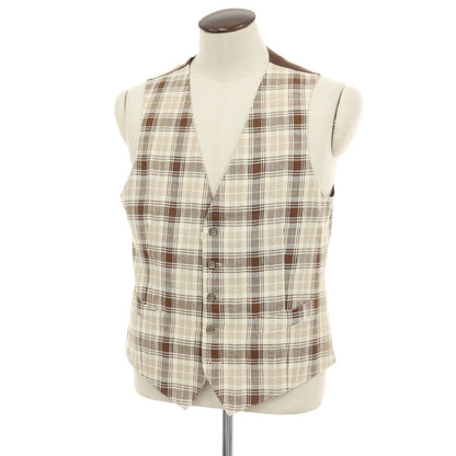 【中古】エルビーエム1911 L.B.M.1911 リネンコットン チェック カジュアル系ジレ ベスト ブラウンxベージュ【サイズ52 R】【 状態ランクB 】【 メンズ 】