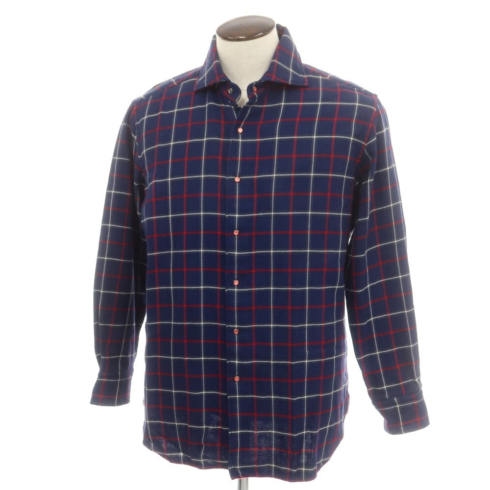 【中古】オリアン ORIAN コットン チェック ワイドカラー カジュアルシャツ ネイビーxレッド【 43 】【 状態ランクC 】【 メンズ 】