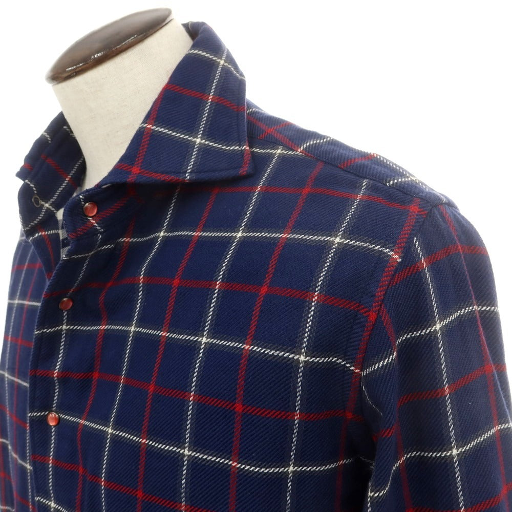 【中古】オリアン ORIAN コットン チェック ワイドカラー カジュアルシャツ ネイビーxレッド【 43 】【 状態ランクC 】【 メンズ 】