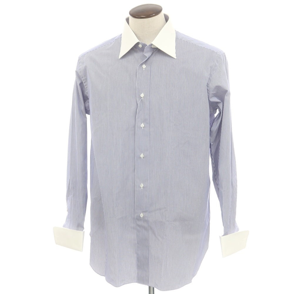 【中古】ブリーニ BURINI コットン ストライップ ダブルカフス クレリック ドレスシャツ ブルーxホワイト【 43 】【 状態ランクA 】【 メンズ 】