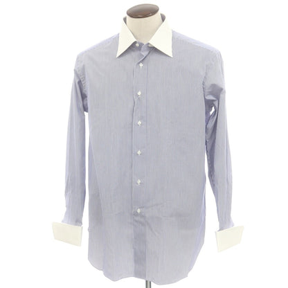 【中古】ブリーニ BURINI コットン ストライップ ダブルカフス クレリック ドレスシャツ ブルーxホワイト【 43 】【 状態ランクA 】【 メンズ 】