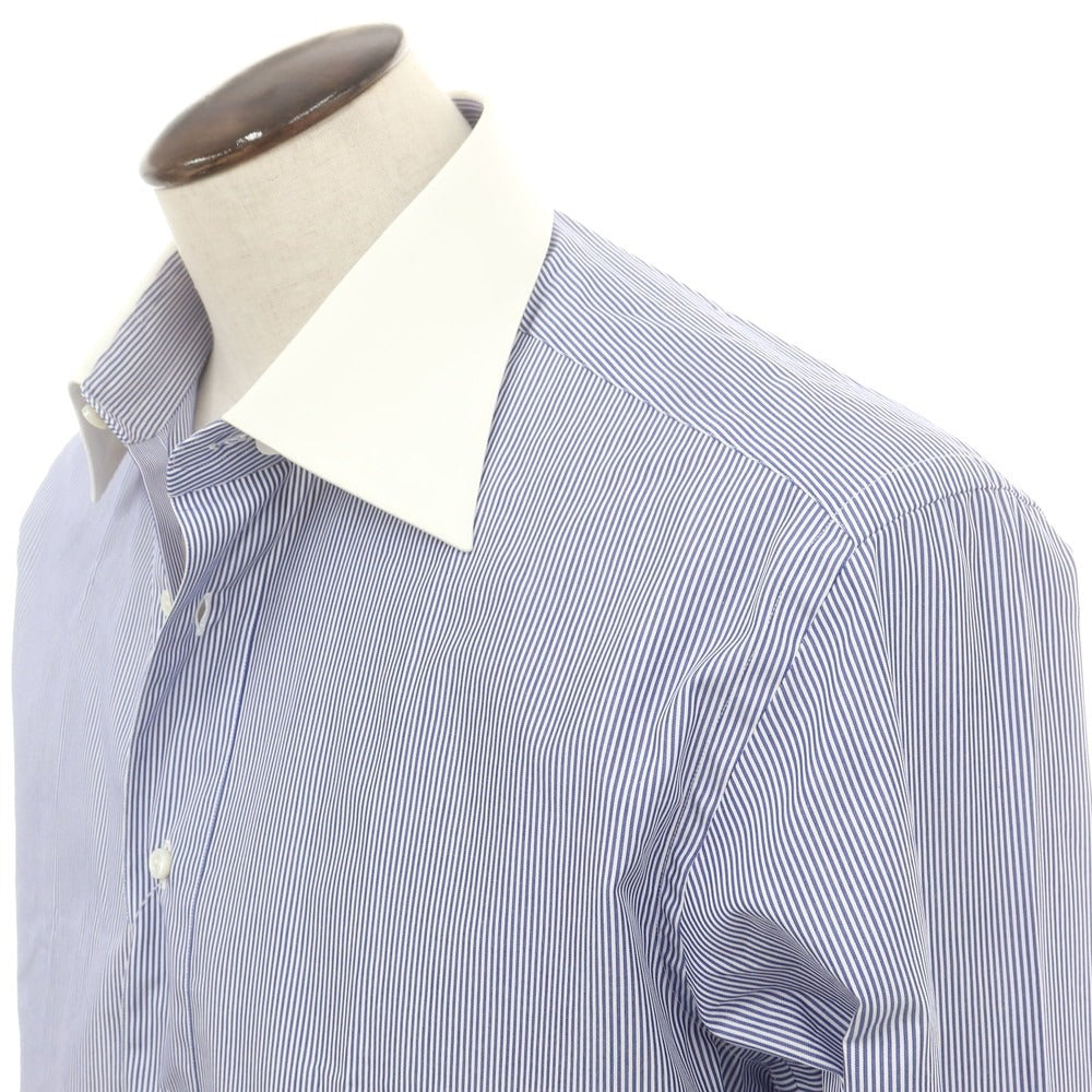 【中古】ブリーニ BURINI コットン ストライップ ダブルカフス クレリック ドレスシャツ ブルーxホワイト【 43 】【 状態ランクA 】【 メンズ 】