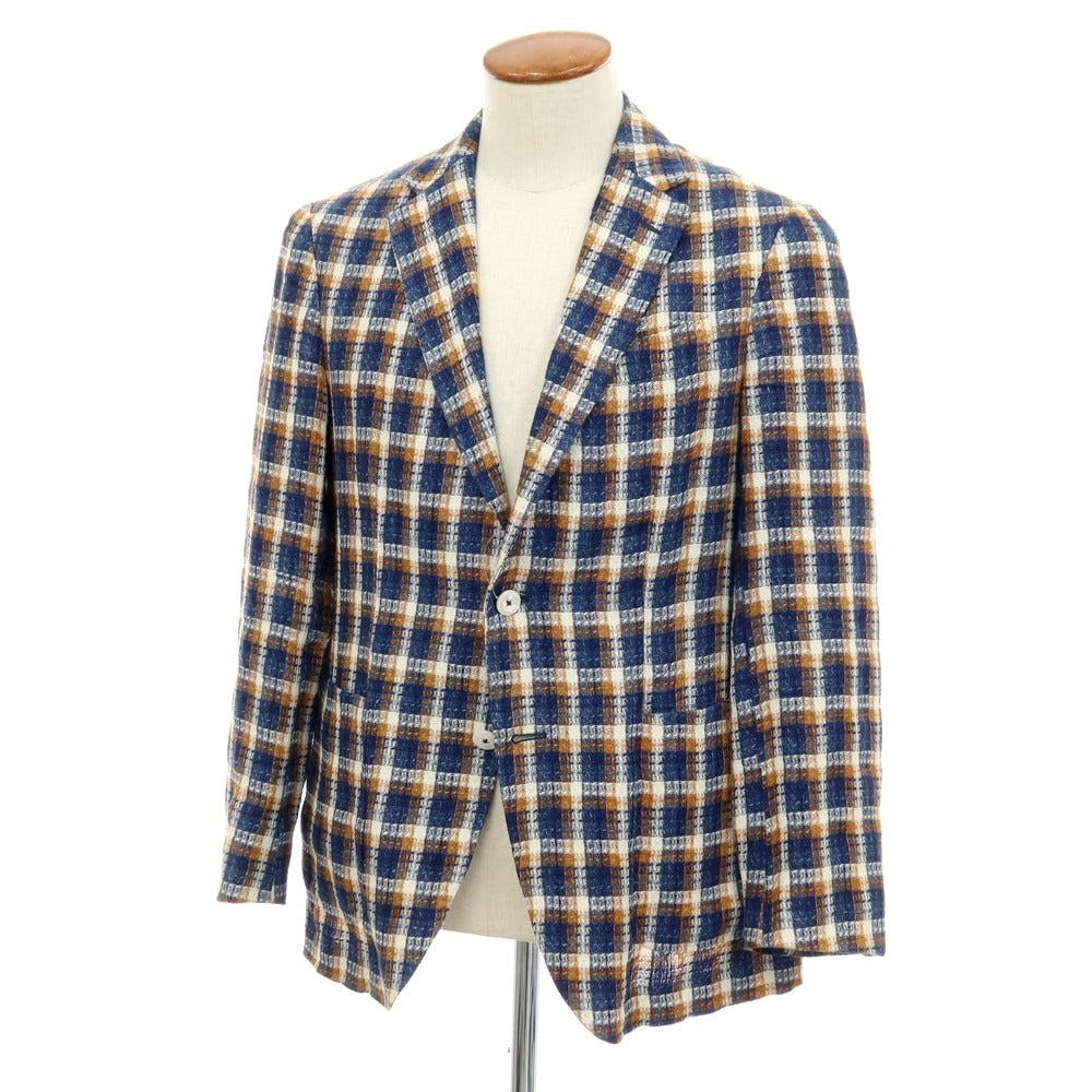 【中古】ザ ジジ THE GIGI リネンコットン チェック テーラードジャケット ネイビーxオレンジ系【サイズ46】【 状態ランクC 】【 メンズ 】