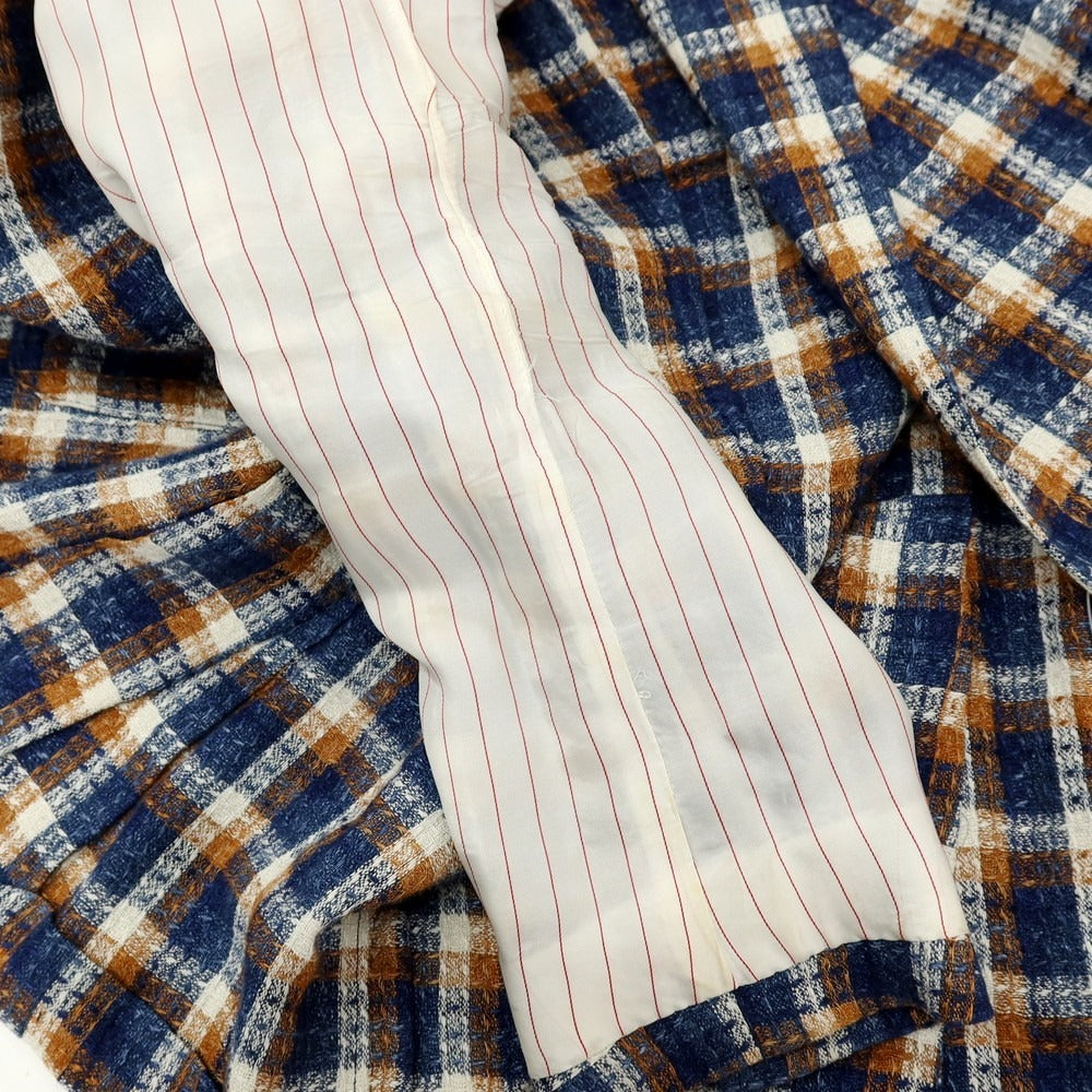 【中古】ザ ジジ THE GIGI リネンコットン チェック テーラードジャケット ネイビーxオレンジ系【サイズ46】【 状態ランクC 】【 メンズ 】