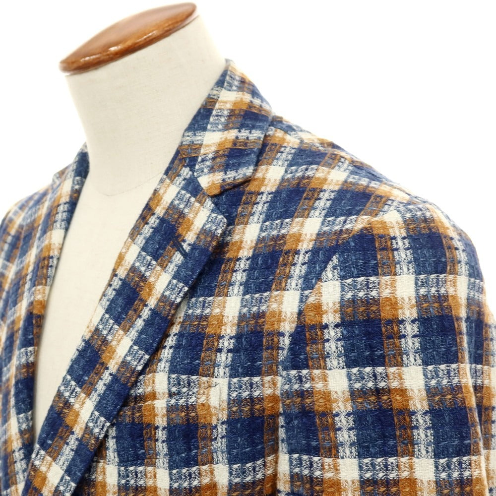 【中古】ザ ジジ THE GIGI リネンコットン チェック テーラードジャケット ネイビーxオレンジ系【サイズ46】【 状態ランクC 】【 メンズ 】