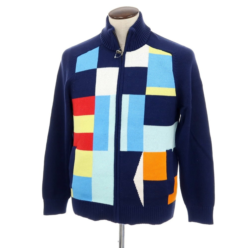 【中古】ランズエンド Lands End コットン スタンドカラー ジップアップ カーディガン ネイビーxマルチカラー【 サイズL 】【 状態ランクB 】【 メンズ 】 [CPD]