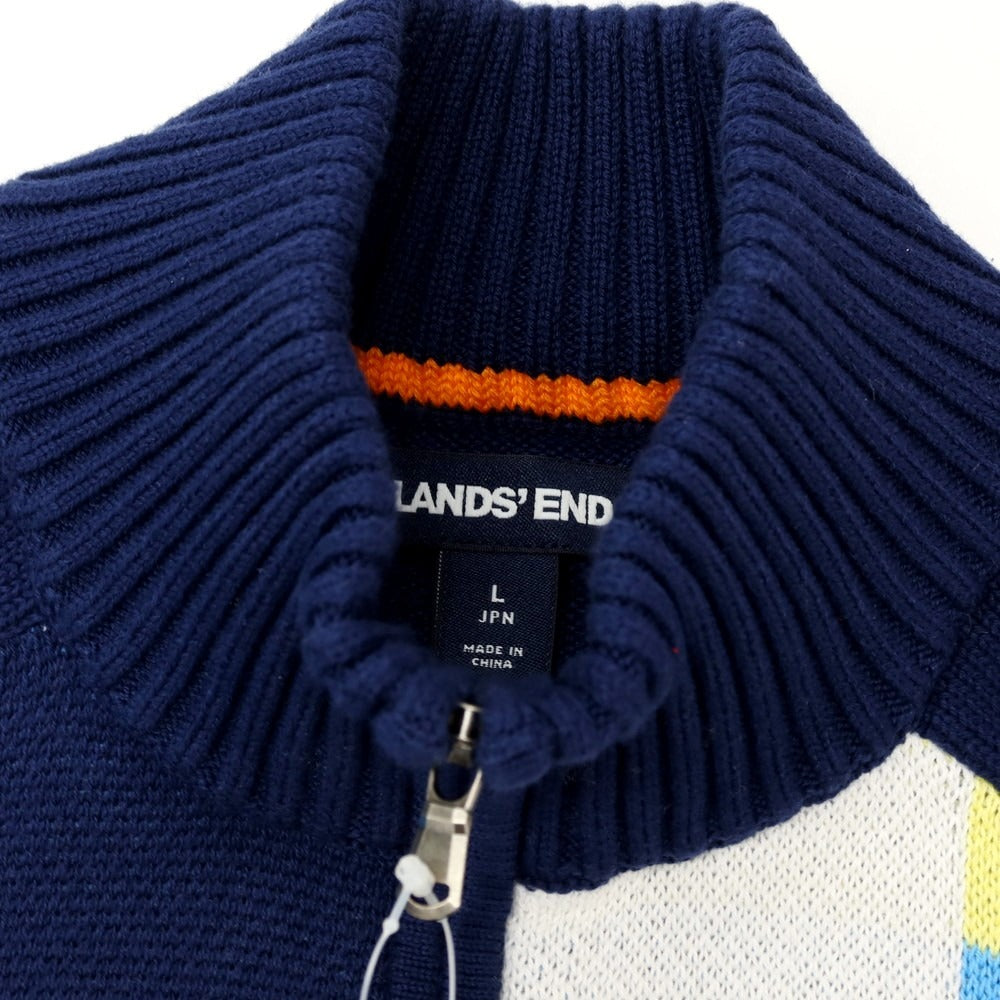 【中古】ランズエンド Lands End コットン スタンドカラー ジップアップ カーディガン ネイビーxマルチカラー【サイズL】【 状態ランクB 】【 メンズ 】