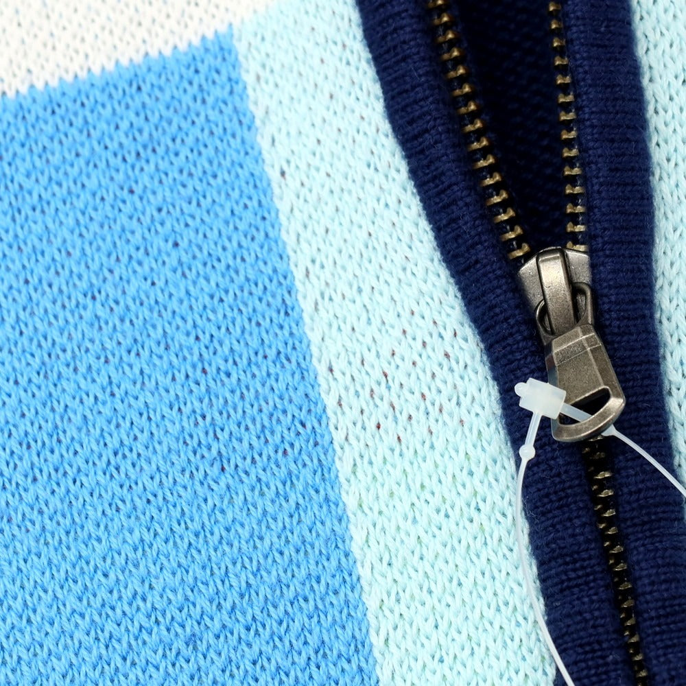 【中古】ランズエンド Lands End コットン スタンドカラー ジップアップ カーディガン ネイビーxマルチカラー【 サイズL 】【 状態ランクB 】【 メンズ 】 [CPD]