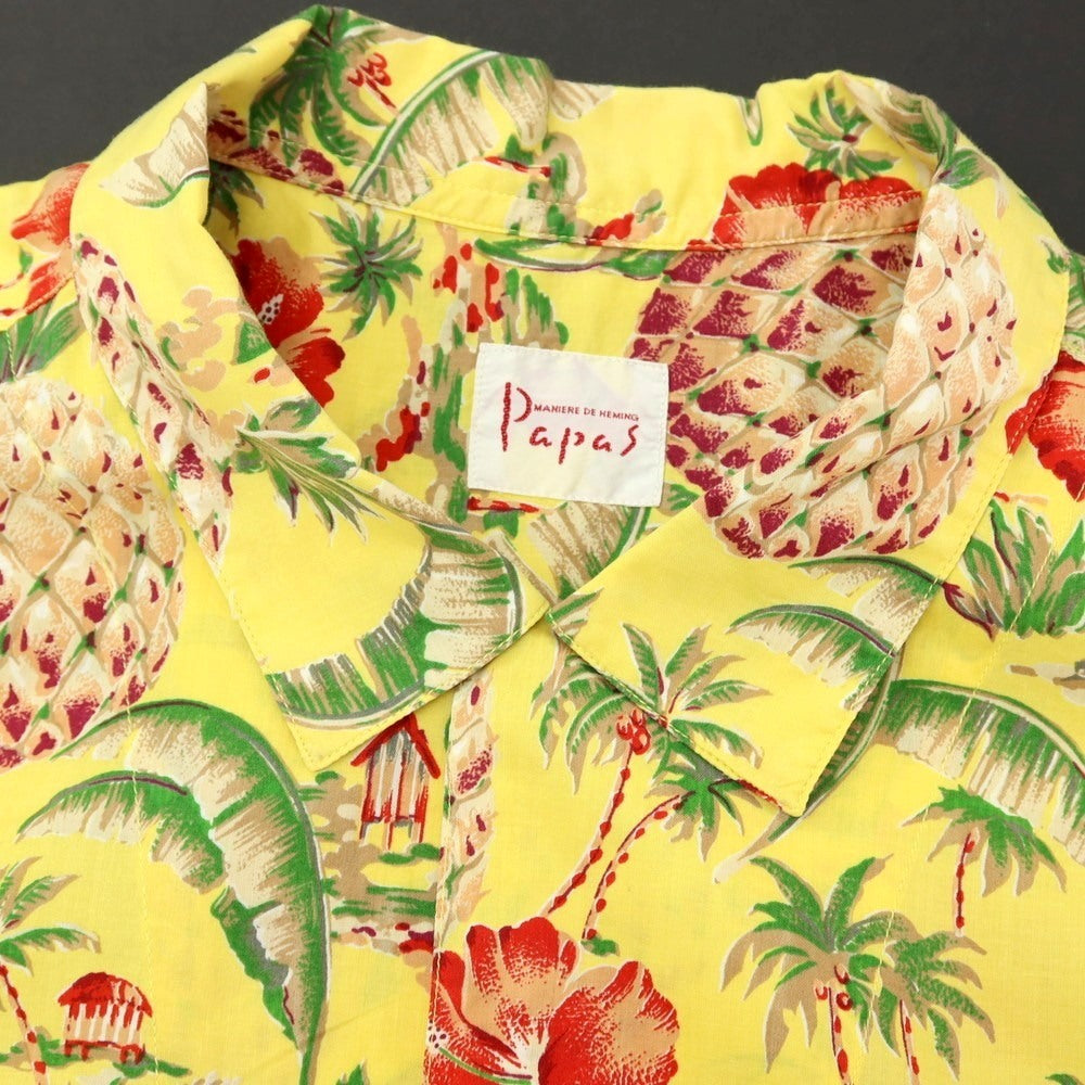 【中古】パパス PAPAS コットン トロピカル柄 プリント オープンカラー 半袖アロハシャツ イエロー【サイズL】【 状態ランクB 】【 メンズ 】