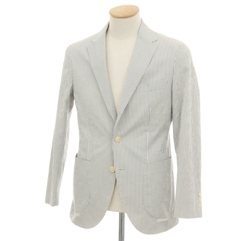 【中古】グリーンレーベルリラクシング green label relaxing ストレッチ コットン シアサッカー ストライプ 3B テーラードジャケット ブルーxホワイト【サイズ44】【 状態ランクC 】【 メンズ 】