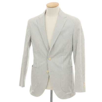 【中古】グリーンレーベルリラクシング green label relaxing ストレッチ コットン シアサッカー ストライプ 3B テーラードジャケット ブルーxホワイト【サイズ44】【 状態ランクC 】【 メンズ 】