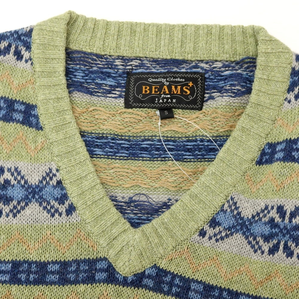 【中古】ビームスプラス BEAMS PLUS リネンコットン フェアアイル Vネック ニットベスト ライトグリーンxネイビー【 サイズS 】【 状態ランクB 】【 メンズ 】 [BPD]