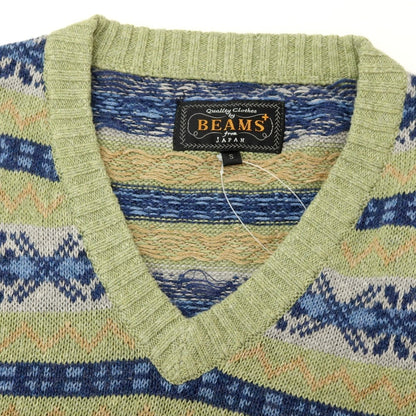 【中古】ビームスプラス BEAMS PLUS リネンコットン フェアアイル Vネック ニットベスト ライトグリーンxネイビー【サイズS】【 状態ランクB 】【 メンズ 】