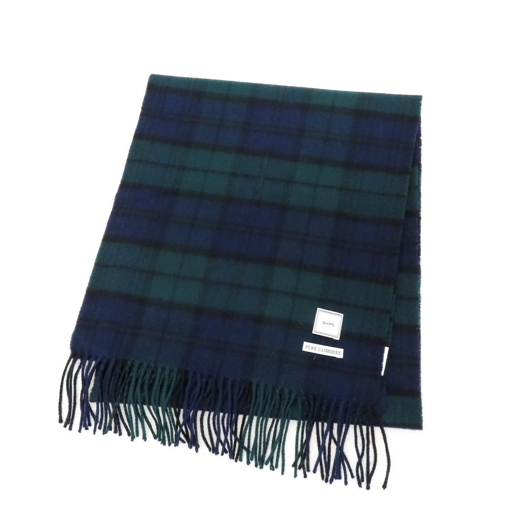 【中古】シップス SHIPS カシミヤ チェック マフラー ネイビーxグリーン【 状態ランクB 】【 メンズ 】