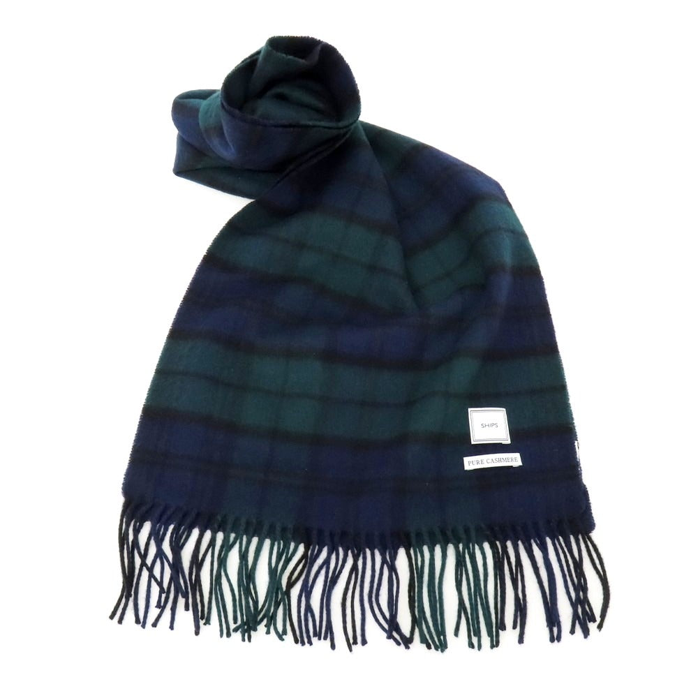 【中古】シップス SHIPS カシミヤ チェック マフラー ネイビーxグリーン【 状態ランクB 】【 メンズ 】