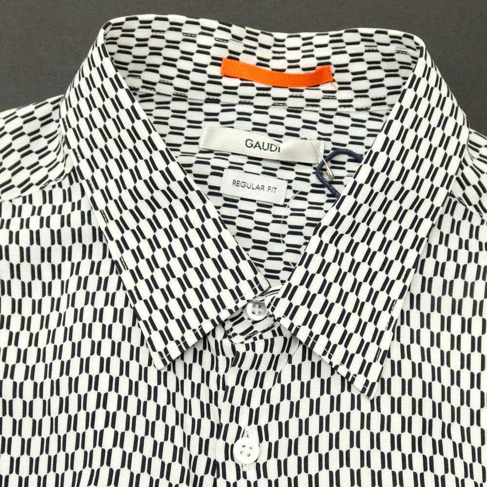 【新品】ガウディ GAUDI レーヨン 総柄 レギュラーカラー カジュアルシャツ ホワイトxブラック【 L 】【 状態ランクN 】【 メンズ 】