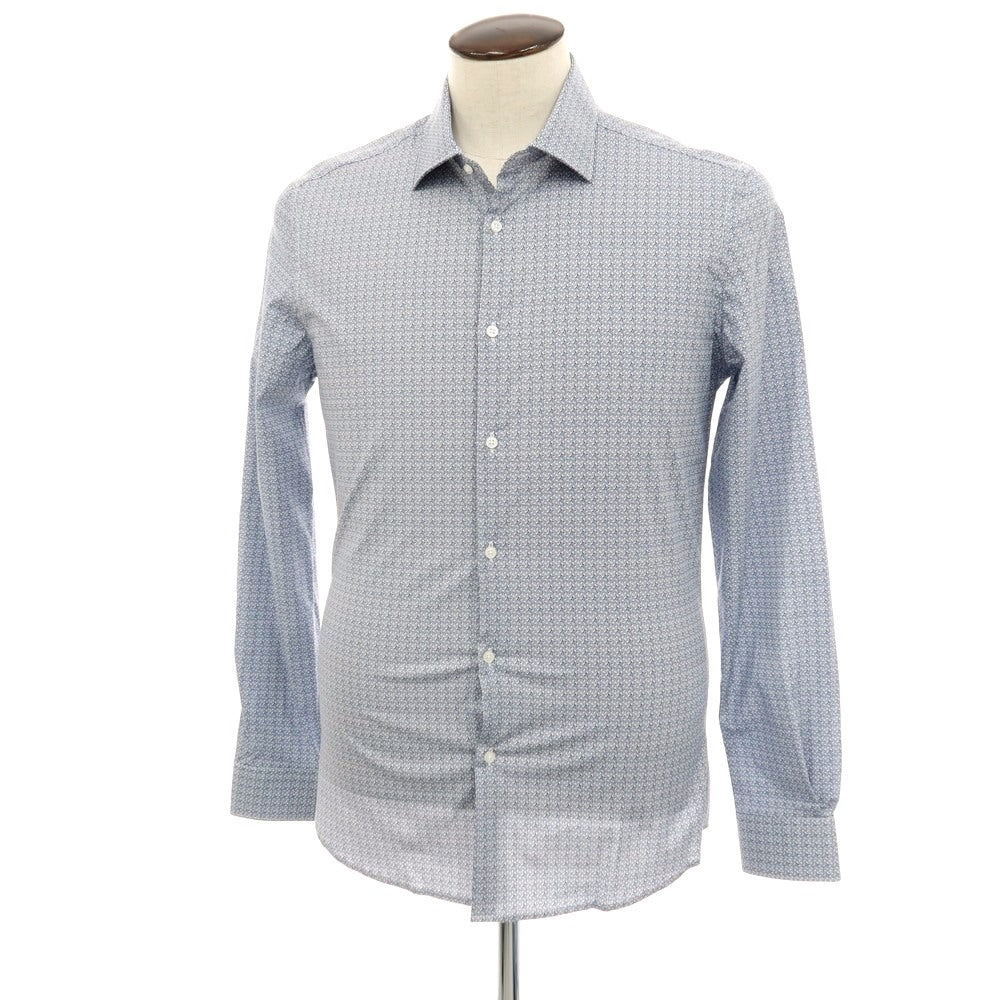 【新品】ガウディ GAUDI ストレッチ コットン 総柄 セミワイドカラー カジュアルシャツ ホワイトxネイビー【 L 】【 状態ランクN 】【 メンズ 】