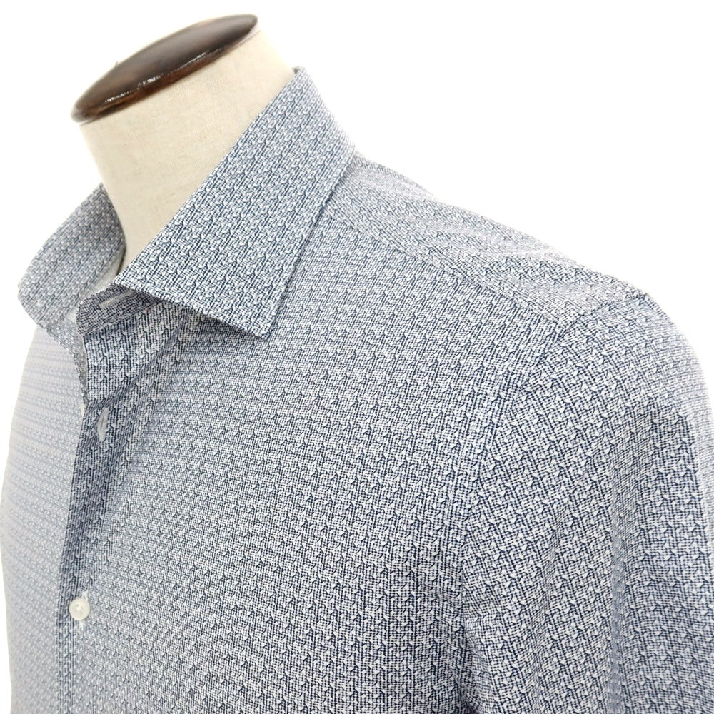 【新品】ガウディ GAUDI ストレッチ コットン 総柄 セミワイドカラー カジュアルシャツ ホワイトxネイビー【 L 】【 状態ランクN 】【 メンズ 】