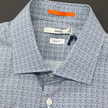 【新品】ガウディ GAUDI ストレッチ コットン 総柄 セミワイドカラー カジュアルシャツ ホワイトxネイビー【 L 】【 状態ランクN 】【 メンズ 】