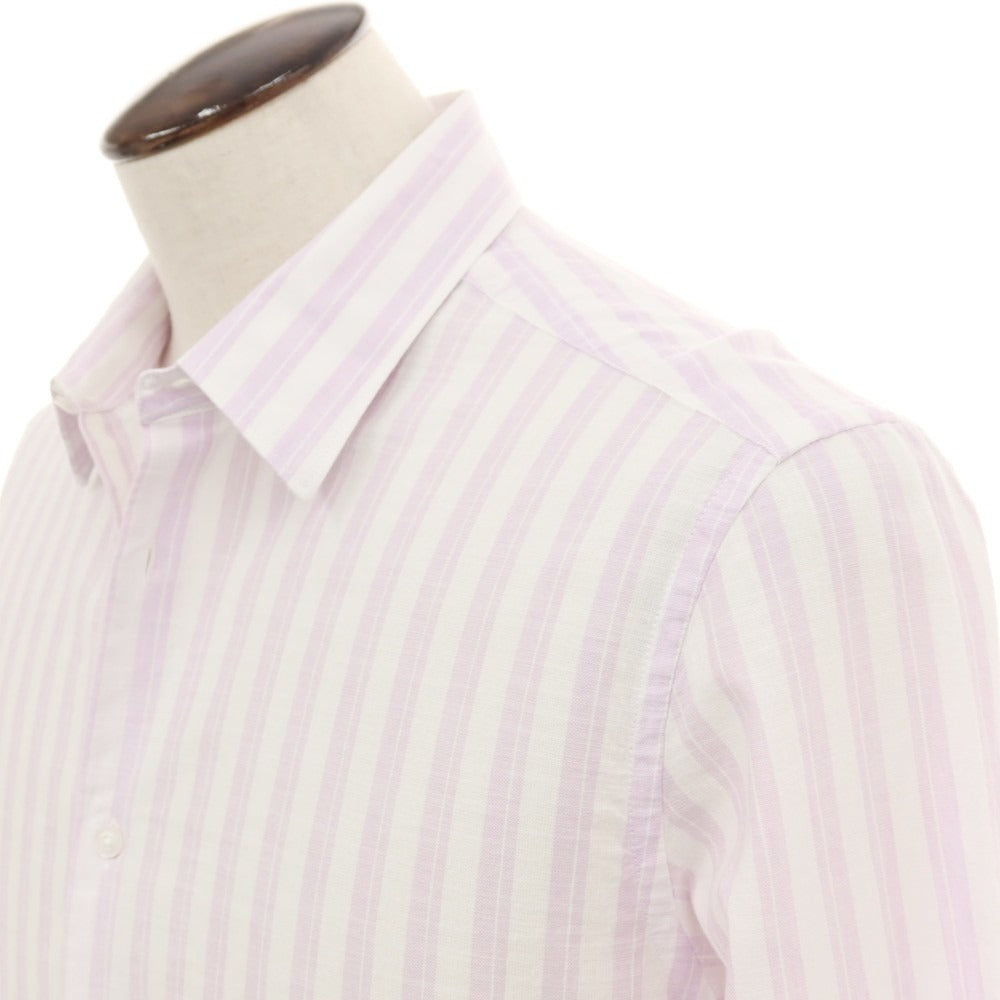 【新品】ガウディ GAUDI コットンリネン ストライプ レギュラーカラー カジュアルシャツ ラベンダーxホワイト【サイズL】【 状態ランクN 】【 メンズ 】