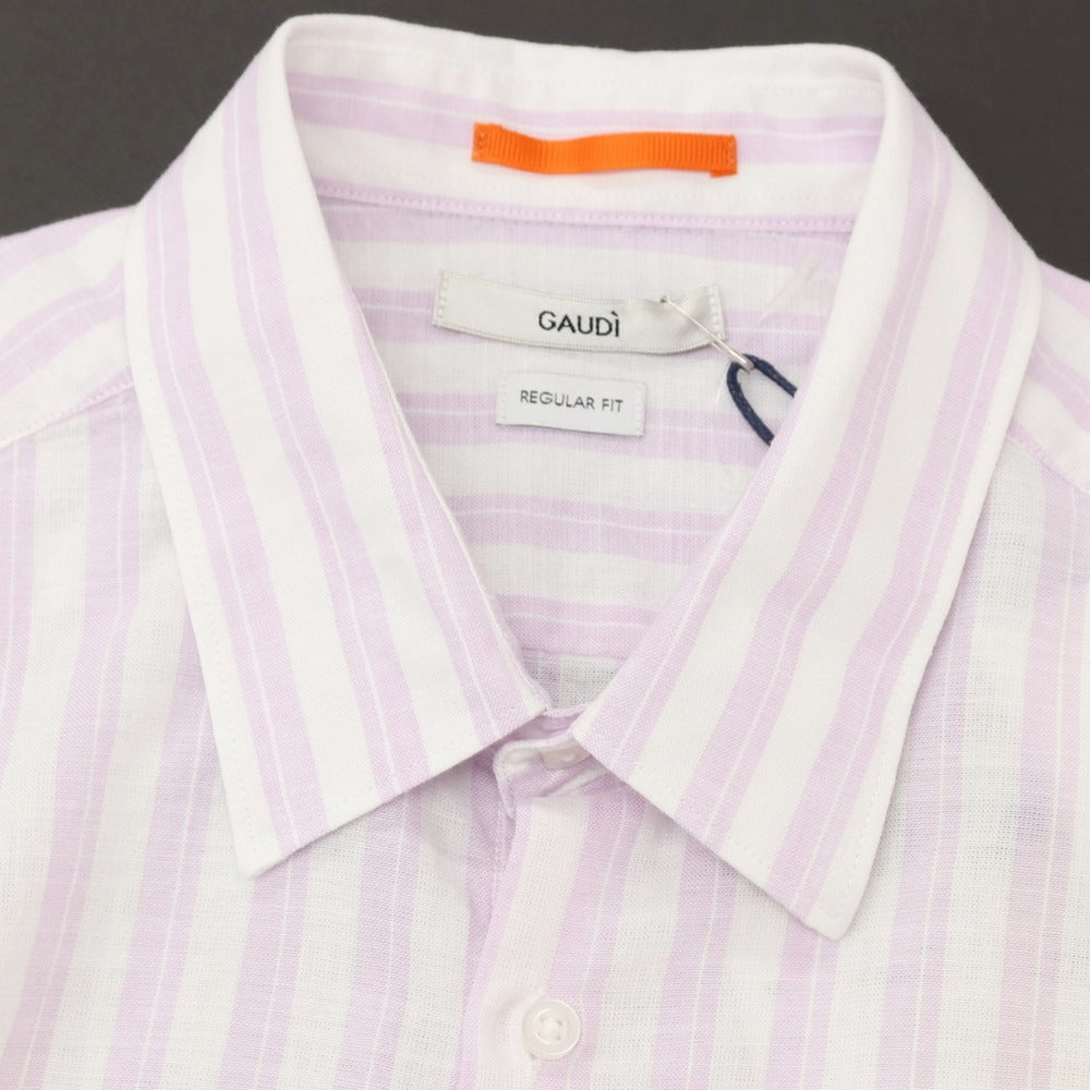 【新品】ガウディ GAUDI コットンリネン ストライプ レギュラーカラー カジュアルシャツ ラベンダーxホワイト【サイズL】【 状態ランクN 】【 メンズ 】