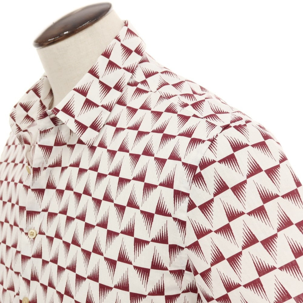 【新品】ガウディ GAUDI コットン 総柄 プリント レギュラーカラー 半袖シャツ ホワイトxボルドー【サイズL】【 状態ランクN 】【 メンズ 】