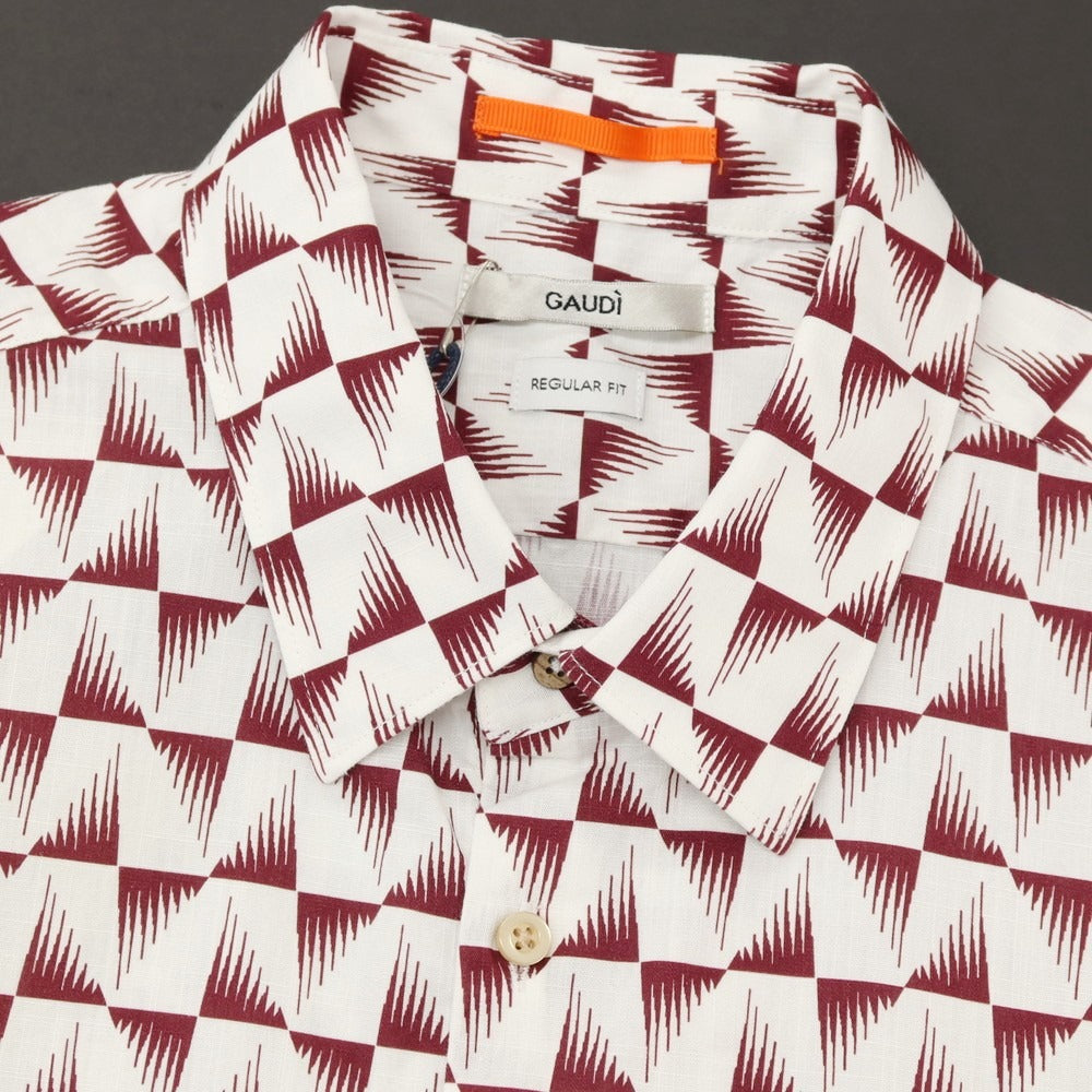 【新品】ガウディ GAUDI コットン 総柄 プリント レギュラーカラー 半袖シャツ ホワイトxボルドー【サイズL】【 状態ランクN 】【 メンズ 】