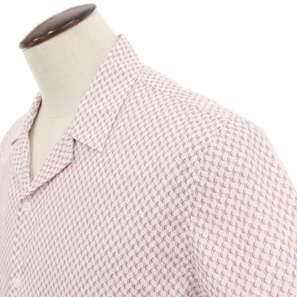 【新品】ガウディ GAUDI コットン 総柄 プリント オープンカラー 半袖シャツ ホワイトxパープル【サイズL】【 状態ランクN 】【 メンズ 】