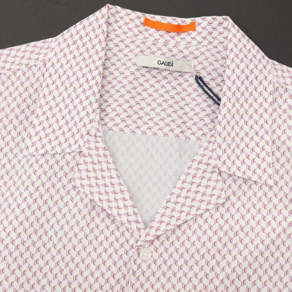 【新品】ガウディ GAUDI コットン 総柄 プリント オープンカラー 半袖シャツ ホワイトxパープル【サイズL】【 状態ランクN 】【 メンズ 】