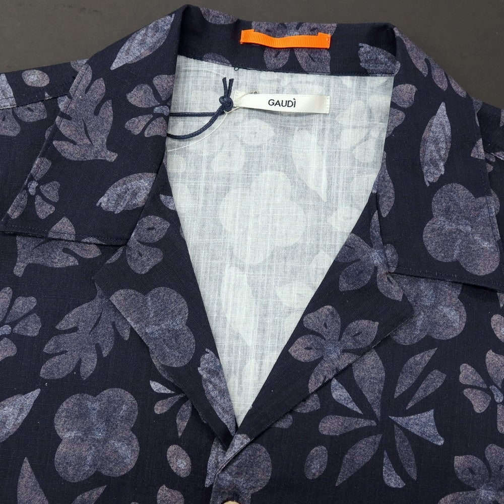 【新品】ガウディ GAUDI コットン ボタニカル柄 プリント オープンカラー 半袖シャツ ネイビー【サイズL】【 状態ランクN 】【 メンズ 】