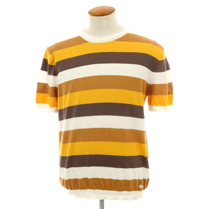 【新品】ガウディ GAUDI ハイゲージ コットン ボーダー クルーネック 半袖 プルオーバーニット ブラウン系xホワイト【 L 】【 状態ランクN 】【 メンズ 】