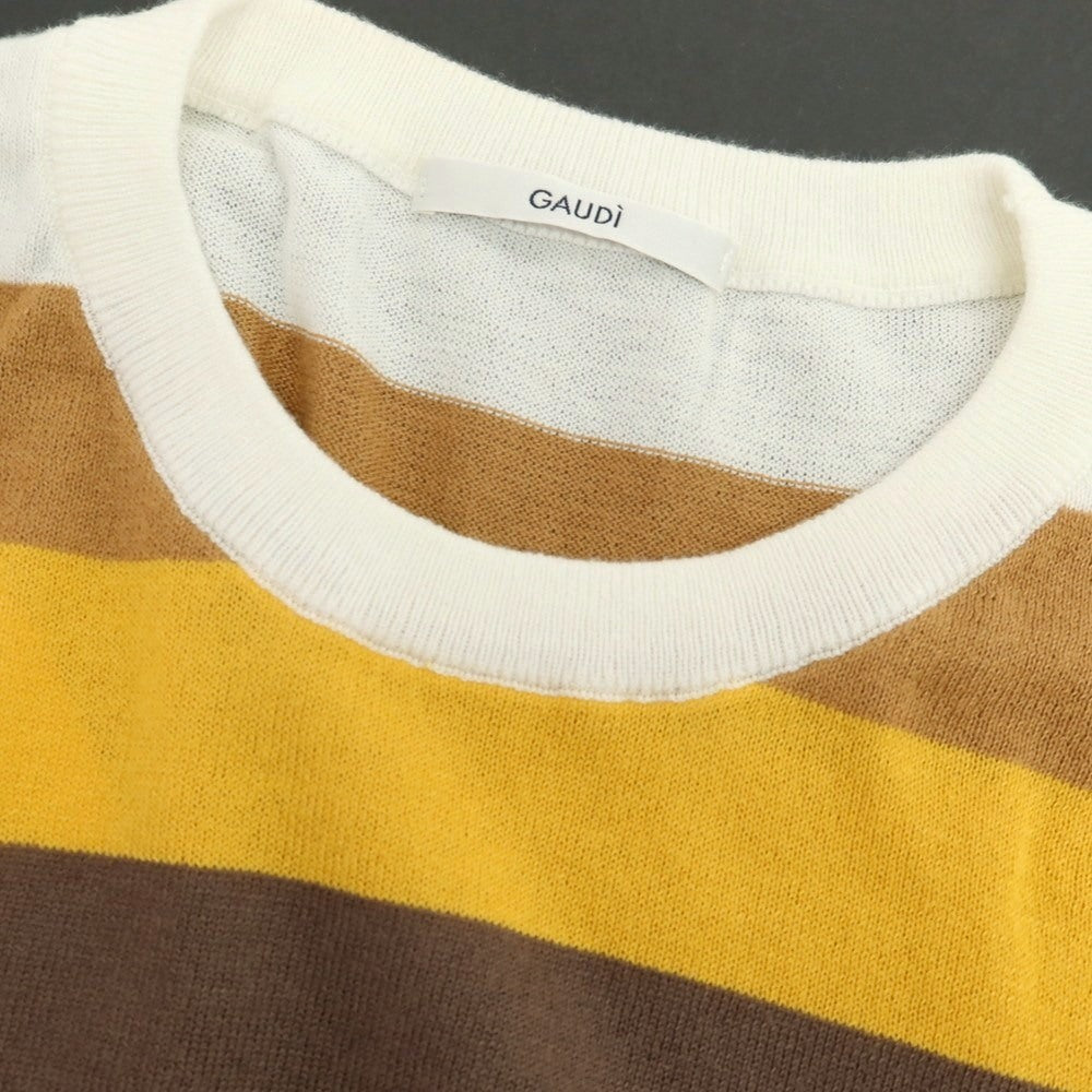 【新品】ガウディ GAUDI ハイゲージ コットン ボーダー クルーネック 半袖 プルオーバーニット ブラウン系xホワイト【サイズL】【 状態ランクN 】【 メンズ 】[DPD]