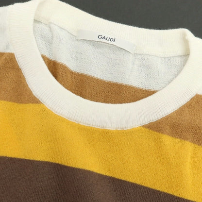 【新品】ガウディ GAUDI ハイゲージ コットン ボーダー クルーネック 半袖 プルオーバーニット ブラウン系xホワイト【 L 】【 状態ランクN 】【 メンズ 】