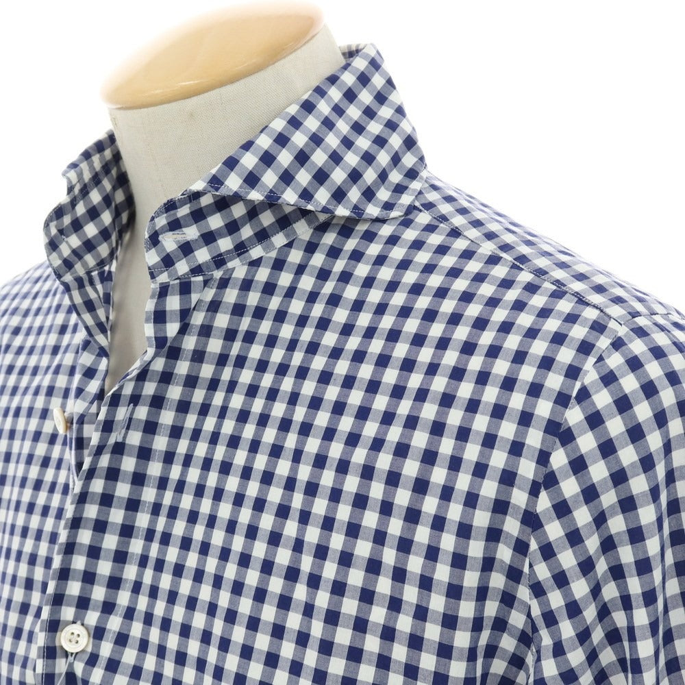 【中古】フィナモレ Finamore コットン ギンガムチェック ホリゾンタルカラー カジュアルシャツ ネイビーxホワイト【 表記なし（S位） 】【 状態ランクC 】【 メンズ 】